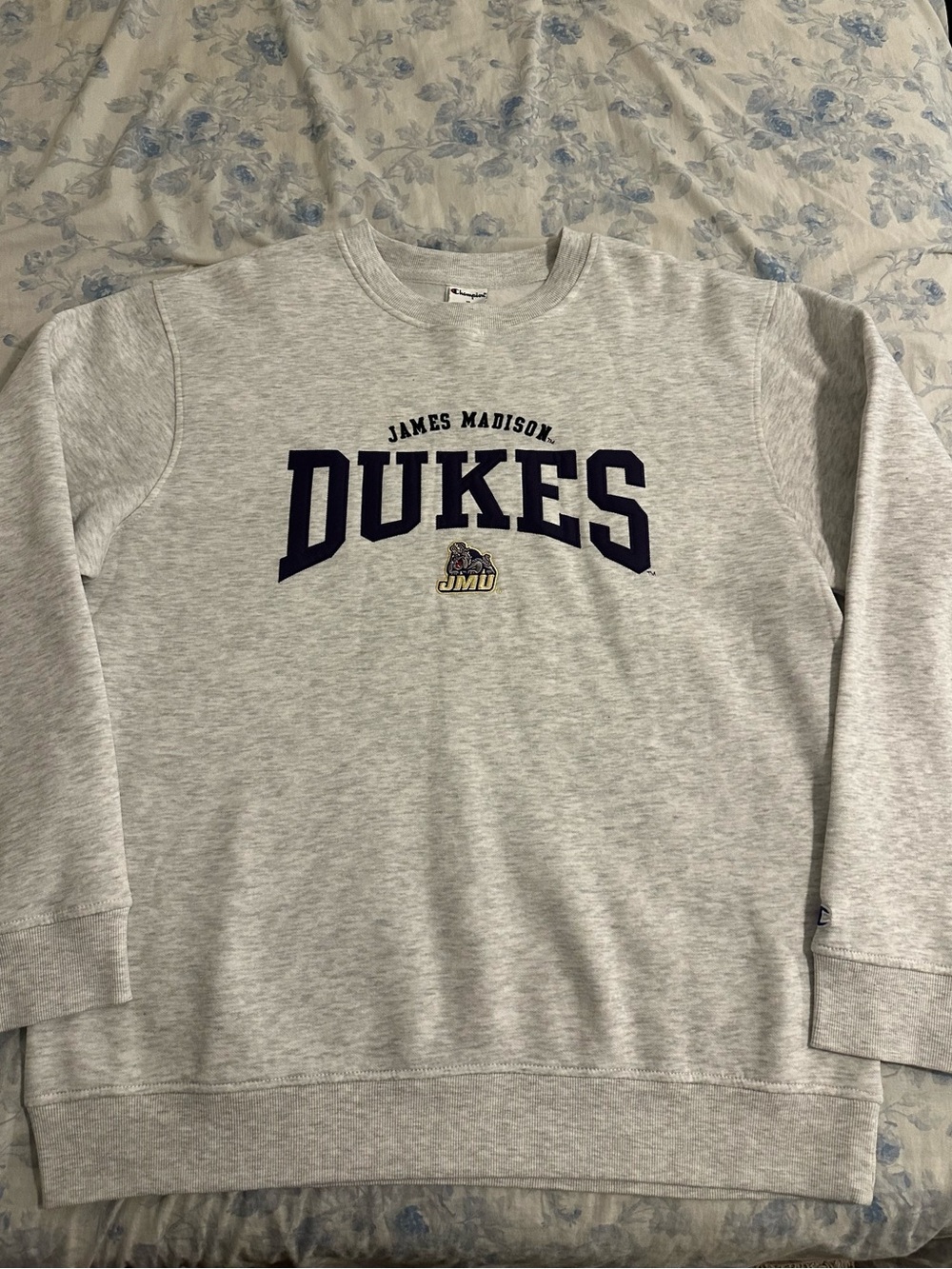 Champion Gray James Madison Dukes Crewneck Sweatshirt with Navy Logo
